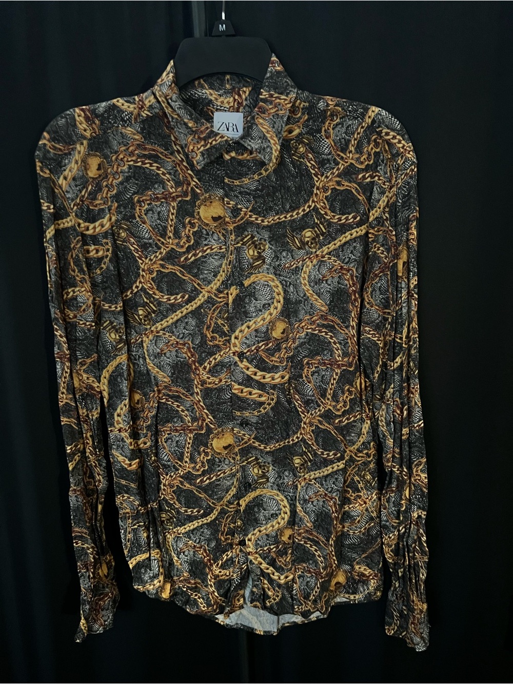ZARA Black & Gold Chain-Print Long Sleeve Button-Down Shirt